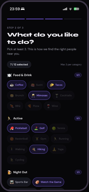nCommon app screen: picking the activities you like to do